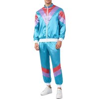 Adult Mens Womens 80s Tracksuit Color Block Satin Sport Set Stand Collar Front Zipper Long Sleeve Jacket with Sweatpants Suits