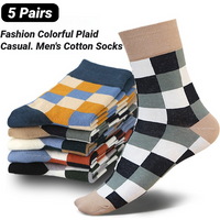 5 Pairs/Lot Combed Cotton Men's Socks Compression Fashion Colorful Square Happy Dress Men Casual Business Grid Gentleman British