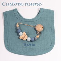 Personalised Baby Bibs and Pacifier Chain Set Custom Embroidery Name Cotton Infant Saliva Towel Bib Baptism Baby Shower Gifts