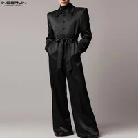 INCERUN Men Jumpsuits Solid Color Lapel Long Sleeve Casual Male Rompers With Belt Streetwear Loose Fashion Men Overalls S-5XL