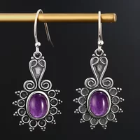 New Style Oval Ethnic Flower Amethyst Women's Silver Plated Drop Earrings Wedding Party Anniversary Engagement Jewelry