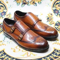 Chaussures habillées en cuir véritable pour hommes, Double boucle, sangle de moine, mocassins à bout d'aile, Brogue pour mariage, bureau, affaires