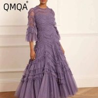 QMQA Fashion Women's Elegant Banquet Dresses Round Neck Mesh Fungal Edge Short Sleeve Polka Dot Party Dress 2025 New 1A788