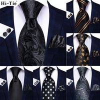 Hi-tie Design Black Solid Dot Wedding Tie For Men Hanky Cufflink Gift Men Necktie Gravata Set Fashion Business Dropshipping