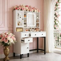 Teousev White LED Vanity Set with 3 Color Dimmable Lighted Mirror & 4 Drawers, Cosmetic Desk Storage Dresser for Women
