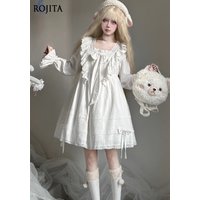 Lolita Dress Women White Princess Style Lace Trim Bow Nightdress Wearable Outside Lace Trim Gothic Lolita Dress