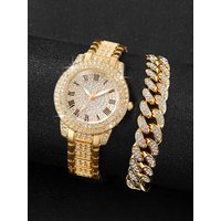 Gold and silver stainless steel full-diamond Roman fashionable steel band quartz watch and Cuban bracelet set - as a gift