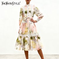 TWOTWINSTYLE Hit Color Printing Spliced Lace Elegant Dresses for Women O Neck Long Sleeves Patchwork Lace Up Dress Female New