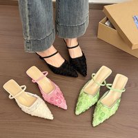 Women Lace Pointed Toe Sandals Mule Kitten Heel Shoes Elegant Summer Slip on Slippers Comfortable Breathable High Heel Sandals