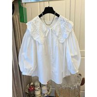 Women's Casual Loose Doll Collar Blouse, Elegant Lace Trim Peter Pan Collar Shirt, Sweet Daily Top for Spring Summer