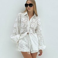 Fashion Embroidery Flower Two Piece Set Women Sexy See Through Long Sleeve Shirt Shorts 2 Piece Sets Comfortable Elegant Female