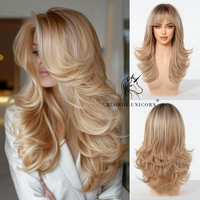 Honey Blonde Brown Ombre Layered Long Wavy Synthetic Wig with Curtain Bangs Heat Resistant Hair for Women Daily Party Cosplay