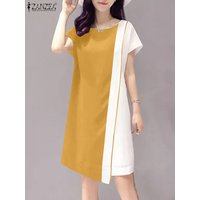 ZANZEA Women Colorblock Mini Dress Casual Asymmetrical Solid Vestido Fashion Summer Short Sleeve Robe Vintage Stitching Sundress