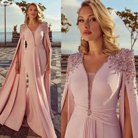 Blush Pink Cape Sleeve Mother of the Bride Dress V Neck Beaded Mermaid Formal Evening Party Gown for Wedding Guest