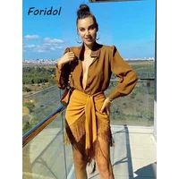 Foridol High Waist Bodycon Tassel Mini Skirt Women Summer Spring Irregular Slit Brown Short Bowknot Skirt Ladies Bottoms Brown