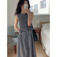 Korean Style High Waist Plaid Sleeveless Dress Women's Fashion Slimming Long Dress Elegant Waist Cinching Midi Skirt