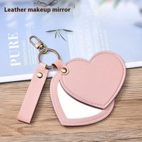 Multi-functional Heart Shape PU Leather Makeup Mirror Creativity Keychain Portable Compact with Chain for Purse Travel Gift