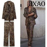HXAO Leopard Pants Sets 2 Piece Set Vintage Long Blazer Jacket Two Piece Set Autumn Formal Women Pants Suit Belt Women's Set