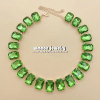 Man Women Copper Paved Bling Square Crystal Link Chain Necklace White Blue Green Crystal Banquet Bib Statement Collar Wholesale