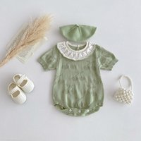 Korean style summer thin knitted baby doll collar romper for girls, sweet crawling suit for baby girls, one-piece outfit