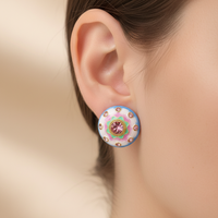 Colorful Enamel Round Stud Earrings, Vintage Mandala Flower Design, Pink Crystal Rhinestone, Fashion Jewelry for Women Girls