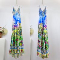 100% Silk Women Crystal Beaded Retro Print Sling Dress V-Neck Sleeveless High Waist fashion Holiday Long Dress