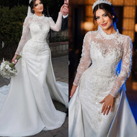 Customized Luxury Lace Mermaid Wedding Dress Church Long Sleeve Pearl Bead High Collar Bride Dress Detachable Tail