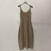 New Summer Style High-QualityFashion RetroSequin Knitted SuspenderDress Women's Elastic Slim Fit LinenBlend SleevelessLong Dress
