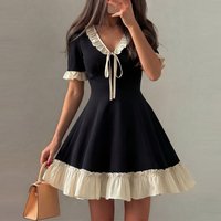 New Summer Short Sleeve Dresses for Women V-Neck Lace-up Women Dress Patchwork A-LINE Dress Women Vestidos De Verano Mujer Q5221