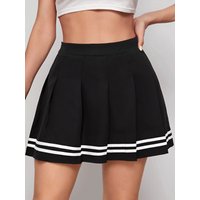 Women's High Waist Pleated Mini Skirt with Striped Hem, Casual A-line Short Skirt for Daily Wear and Cheerleading