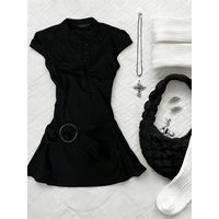 Vintage Black Short Sleeve Women's Dress Slimming Waist Design Summer 2026 New Style A-Line Skirt Retro Fashion Polyester Fiber