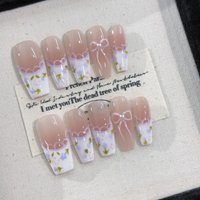 10Pcs Medium Coffin Handmade Press on Nails Green French Gradient Florals 3D Designs Stick on False Nails Wearable Manicure Tips
