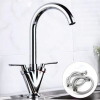 BRIEFNESS Traditional Kitchen Mixer Tap, 360° Swivel Spout Monobloc Basin Faucet with Twin Lever Hot & Cold Control + Hoses