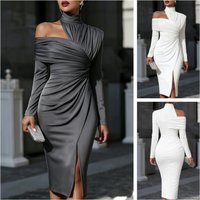 Women's Asymmetric Off Shoulder Dress High Neck Cutout Long Sleeve Ruched Waist Front Slit Dresses Elegant Wedding Guest Outfit