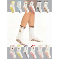 European size 36-43, 1 Pair Knitted Embroidered Yoga Fitness Pilates Sports Silicone Non slip Bottom Women's Middle Socks