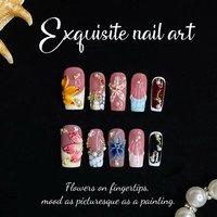 10PCS Sweet Cool Press on Nails 3D Colorful Flower Fake Nails French Pearls Diamond False Nails Medium Square Nail for Y2k Girls