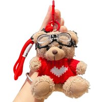Kawaii Goggles Pilot Bear Keychain Pearl Bell Plush Bear Key Ring Heart Cartoon Stuffed Animal Pendant Men