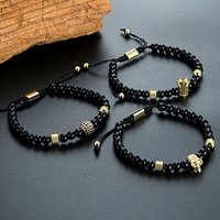 Men's Handmade Beaded Bracelet Stainless Steel Gold Color Plated Black Onyx Adjustable Braided Rope Crown Skull Leopard Gift