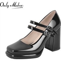 Onlymaker Women Square Toe Mary Jane Buckle Strap Chunky Heel Black Patent Leather Pumps