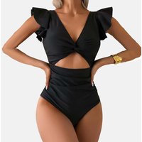 Solid-Color Sexy Ruffled Shoulder Straps Swimsuit High-Waisted Open-Front One-Piece Swimsuit