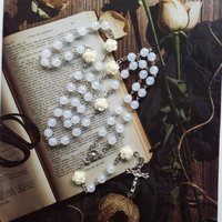 QIGO White Luminous Acrylic Rosary Necklace Long Flower Jesus Cross Pendant Christian Church Prayer Ornaments