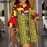 VONDA 2026 Summer Women Bohemian Dress Vintage Printed Mini Dress Fashion Flare Sleeve Party Sundress Casual Loose Vestido Robe
