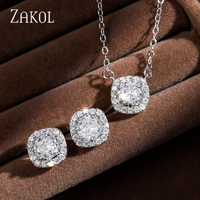 ZAKOL Fashion Yellow White Cubic Zirconia Square Stud Earrings Necklace Set for Women Shinny Round Crystal Wedding Jewelry SP314