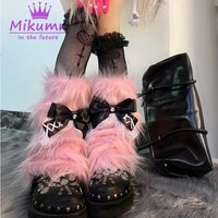Harajuku Sweet Pink Bow Lace Faux Fur Leg Warmers Boot Cover Y2k Punk Girls Japanese Kawaii Streetwear Chic Leg Warm Socks
