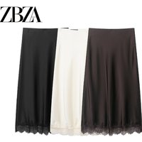 Women's High Waist A-Line Midi Skirt ZR Style Silk Satin Lace Trimmed Pure Color Embroidery Polyester Fiber Iron-Free Process