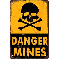 Vintage Danger Mines Skull & Crossbones Metal Tin Sign, Retro Distressed Warning Wall Decor