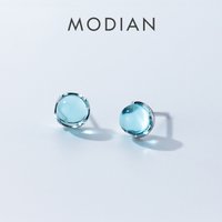 Modian Luxury Blue Crystal Sky Color Opal Round Stud Earrings Classic Charm 925 Sterling Silver For Women Trendy Jewelry Gift