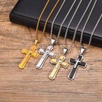 3D Cross Pendant Necklaces for Men Boys,Black Gold Color Stainless Steel Cross Necklace,Hiphop Punk Party Gift