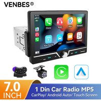 VENBES 1 DIN Car Radio Carplay Android Auto Mirror Link Touch Screen 7 Inch Multimedia Player Bluetooth Reversing CVBS Camera