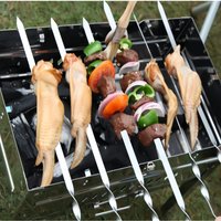 Outdoor Barbecue Grill Needle 55cm Long Handle BBQ Skewers Shish Kebab Sticks Wood Stainless Steel Fork With Storage Bags Tool